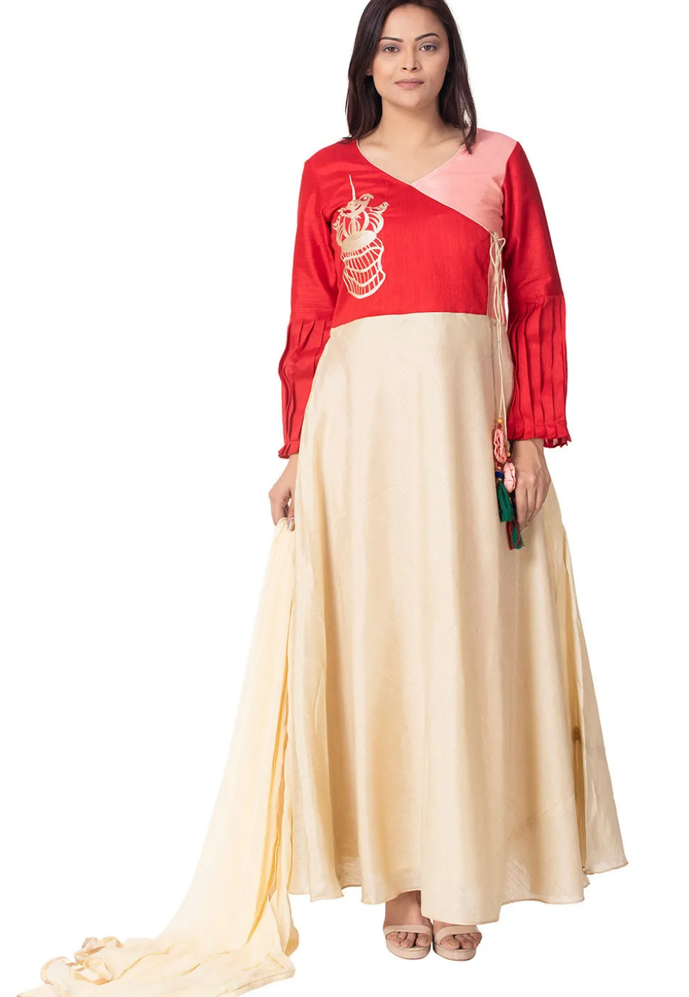 Embroidered Bhagalpuri Silk Abaya Style Suit in Cream and Red