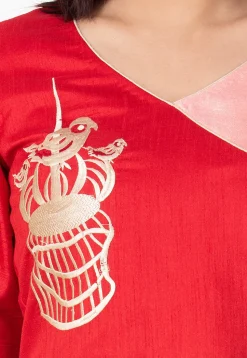 Embroidered Bhagalpuri Silk Abaya Style Suit in Cream and Red
