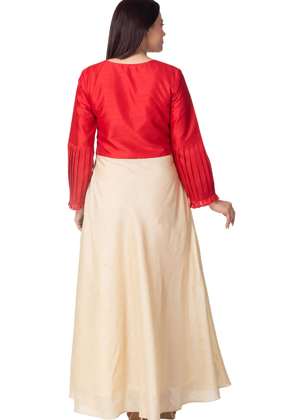 Embroidered Bhagalpuri Silk Abaya Style Suit in Cream and Red