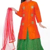 Embroidered Bhagalpuri Silk Lehenga in Orange and Green