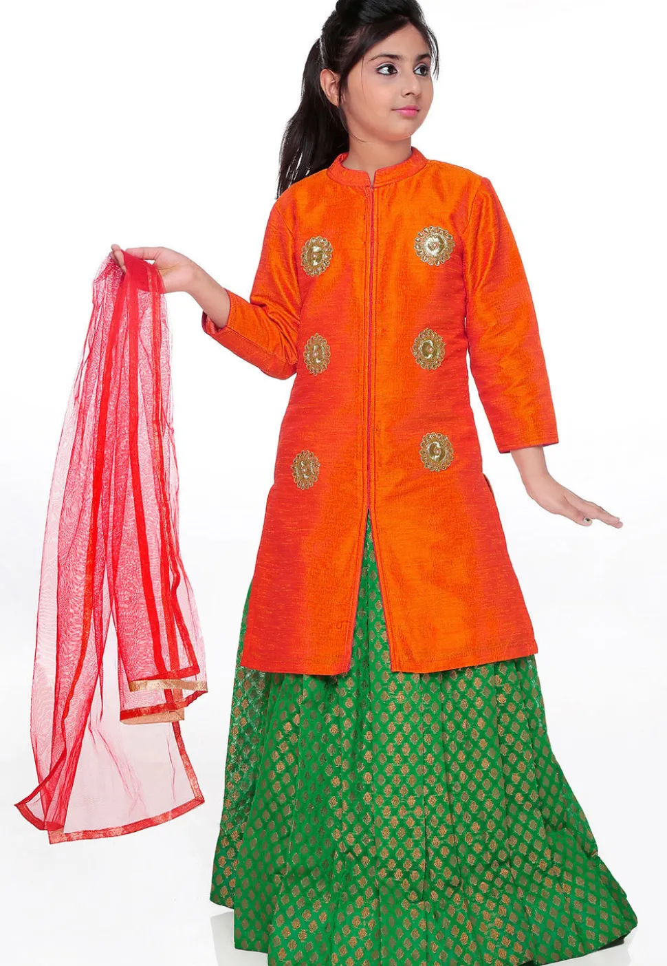 Embroidered Bhagalpuri Silk Lehenga in Orange and Green