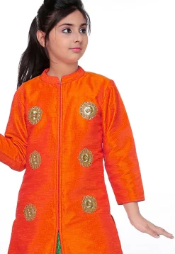 Embroidered Bhagalpuri Silk Lehenga in Orange and Green