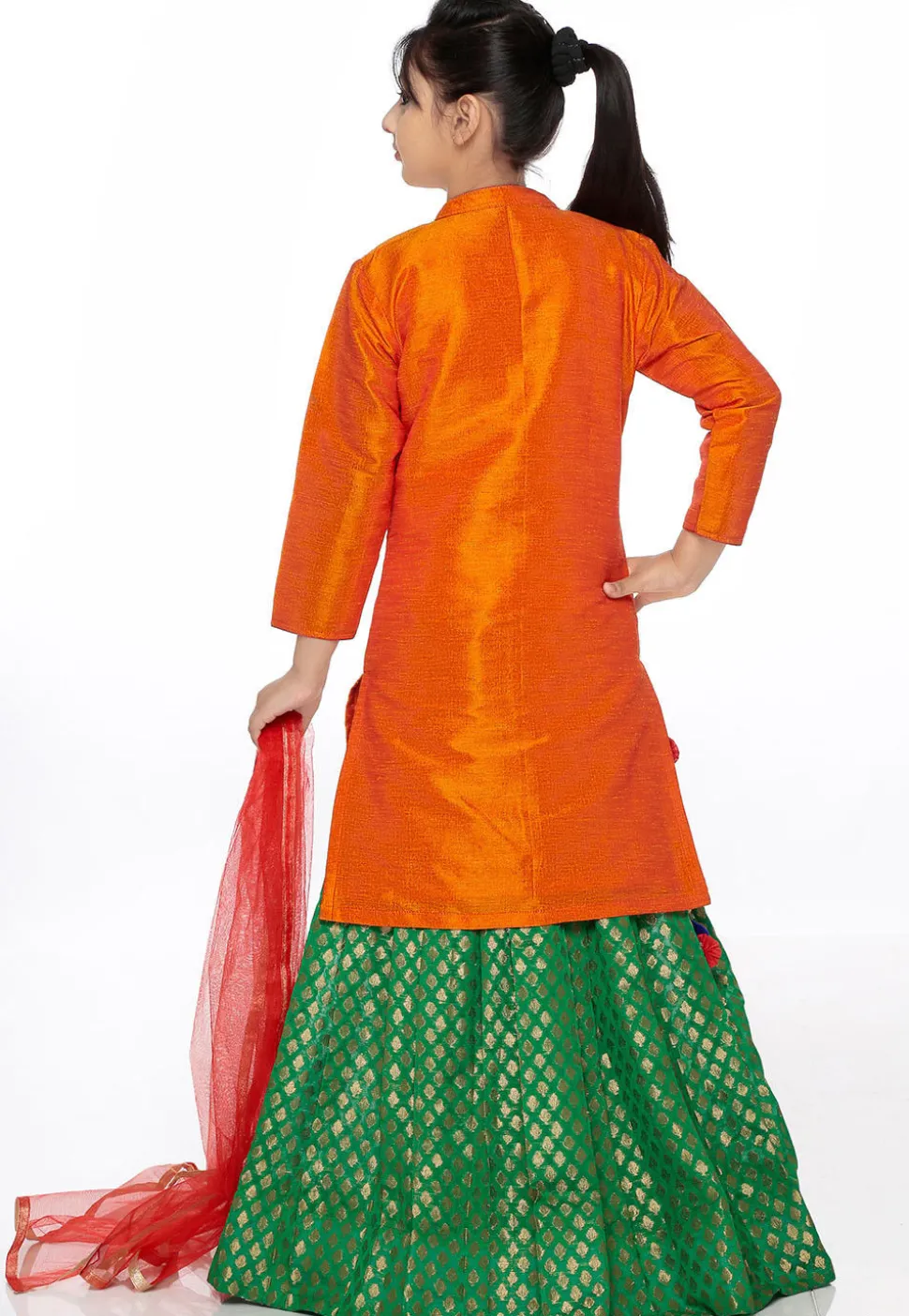 Embroidered Bhagalpuri Silk Lehenga in Orange and Green