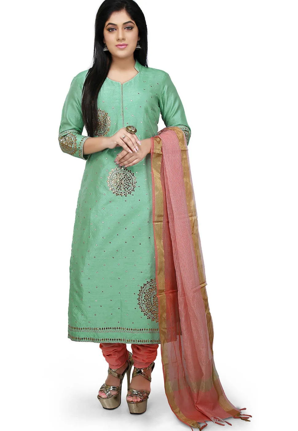 Embroidered Bhagalpuri Silk Straight Suit in Sea Green