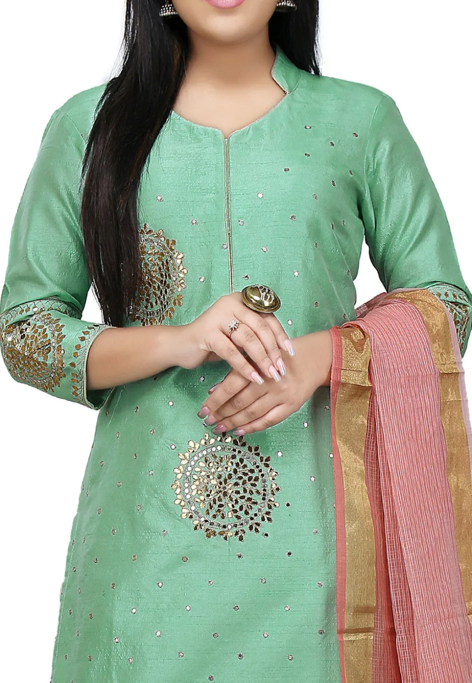 Embroidered Bhagalpuri Silk Straight Suit in Sea Green