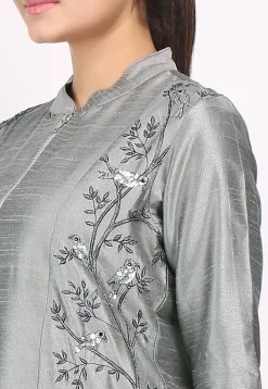 Embroidered Bhagalpuri Silk Jacket in Grey