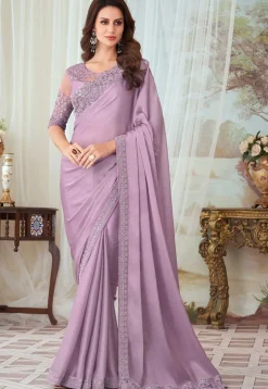 Embroidered Boader Chiffon Saree in Purple