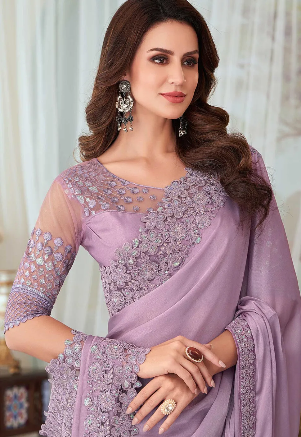 Embroidered Boader Chiffon Saree in Purple