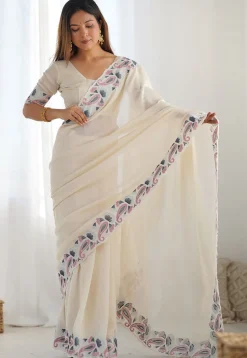 Embroidered Border Art Silk Saree in Cream