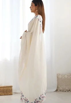 Embroidered Border Art Silk Saree in Cream