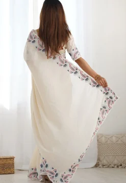 Embroidered Border Art Silk Saree in Cream