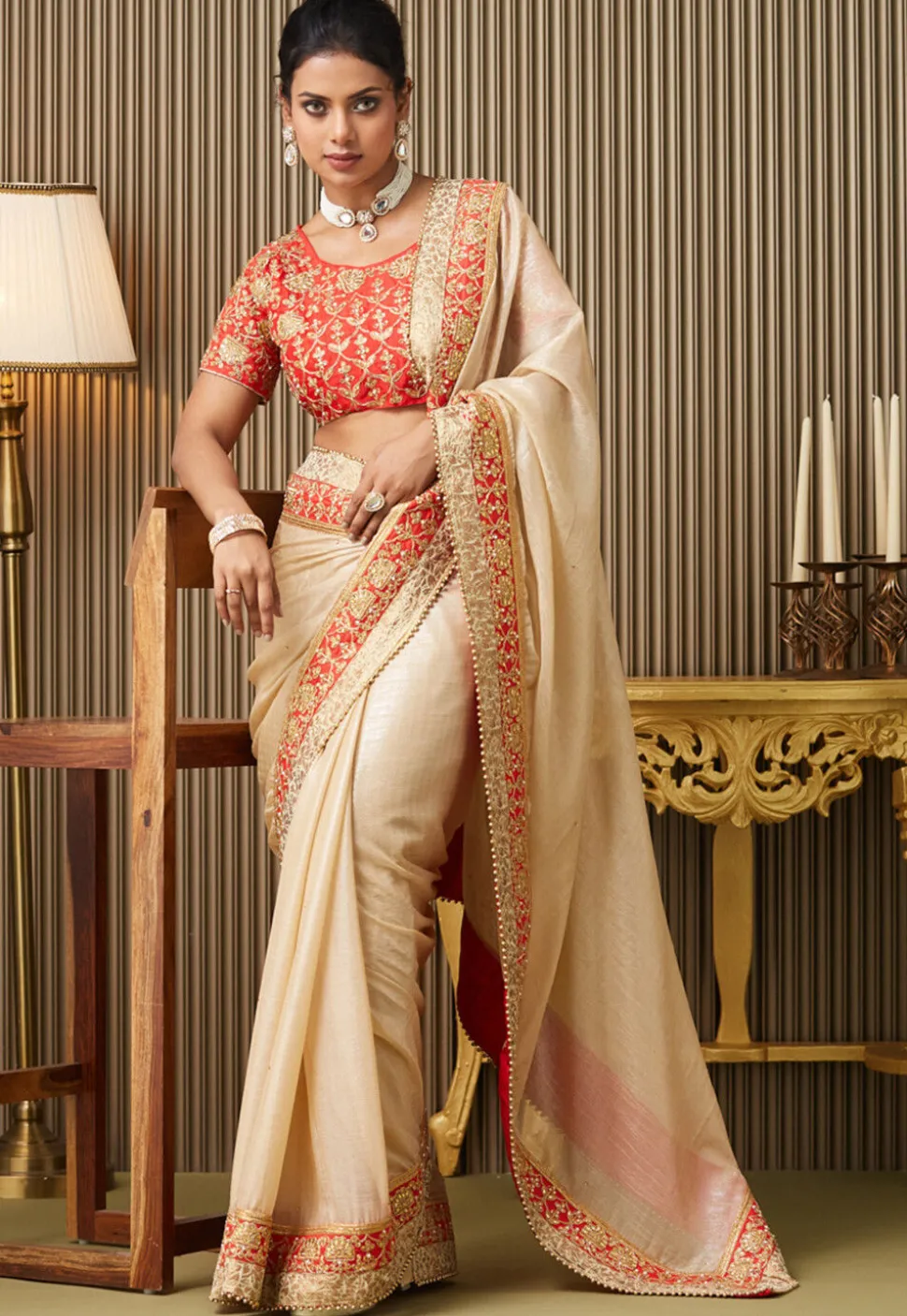 Embroidered Border Art Silk Saree in Beige