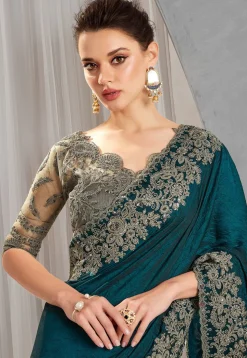 Embroidered Border Art Silk Saree in Teal Green