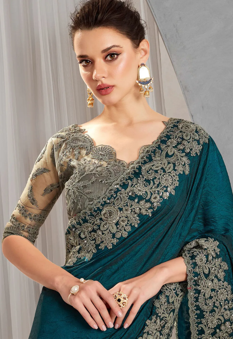 Embroidered Border Art Silk Saree in Teal Green