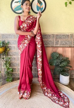 Embroidered Border Art Silk Scalloped Saree in Maroon