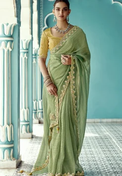 Embroidered Border Art Silk Saree in Light Green