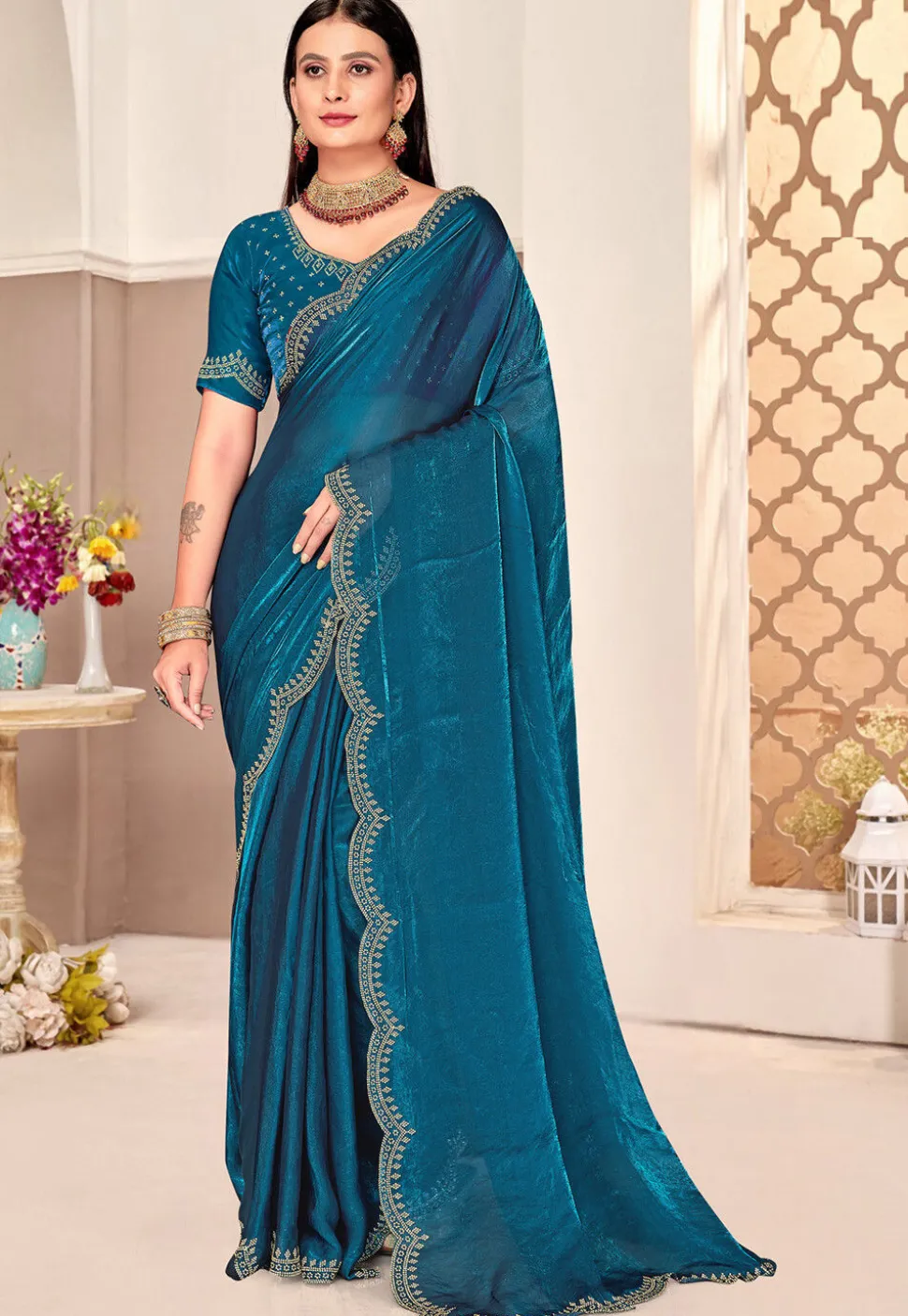 Embroidered Border Art Silk Saree in Teal Blue