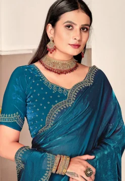 Embroidered Border Art Silk Saree in Teal Blue