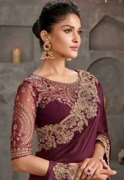 Embroidered Border Art Silk Saree in Wine