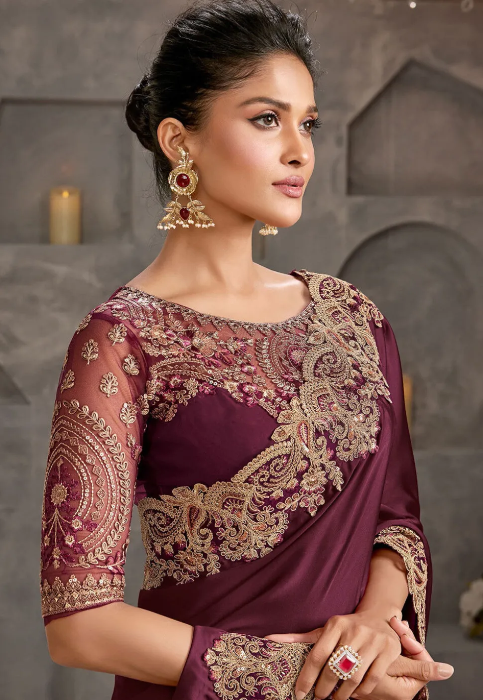 Embroidered Border Art Silk Saree in Wine