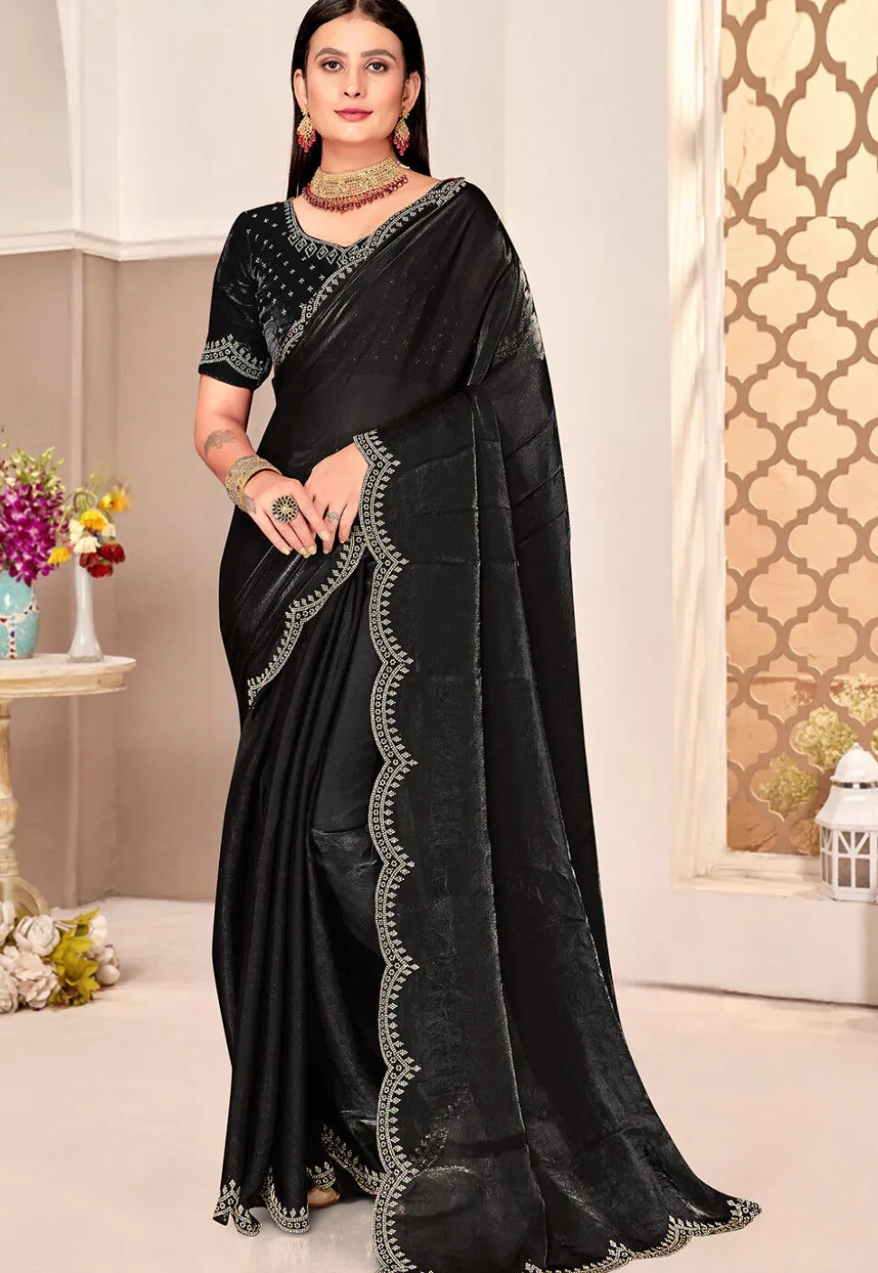 Embroidered Border Art Silk Saree in Black