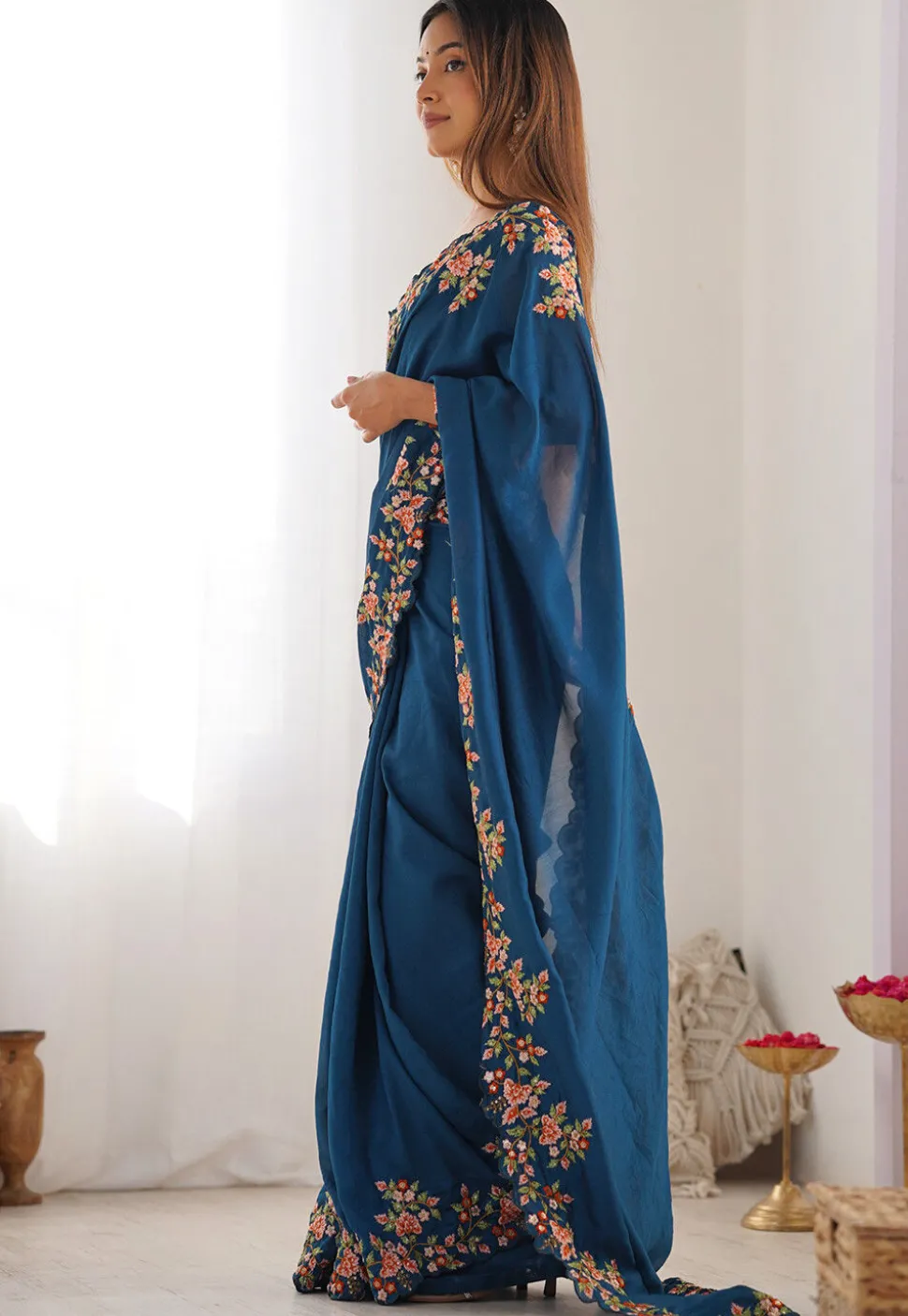 Embroidered Border Art Silk Saree in Teal Blue
