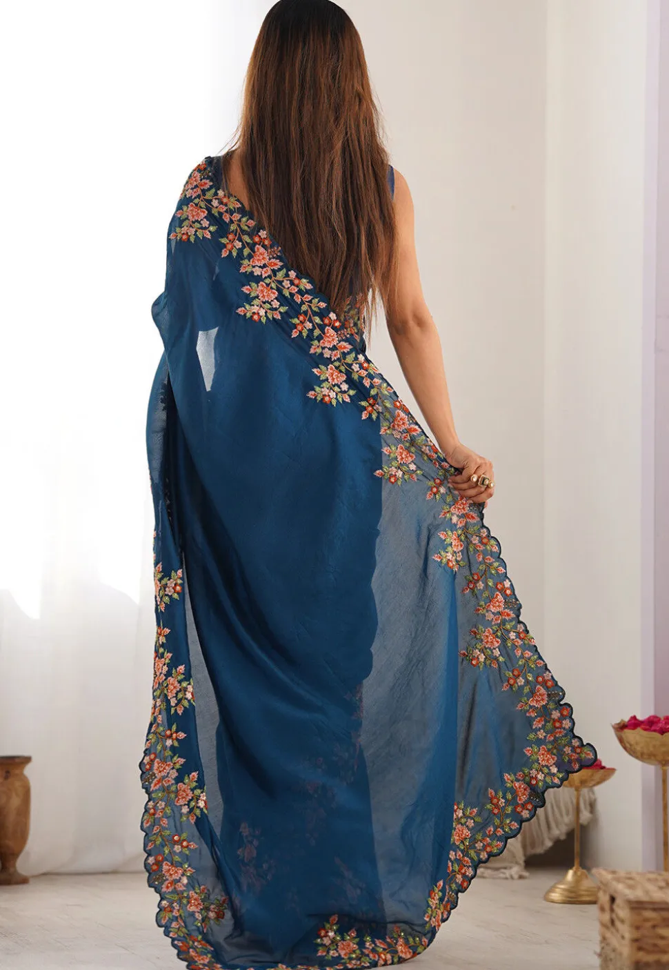 Embroidered Border Art Silk Saree in Teal Blue