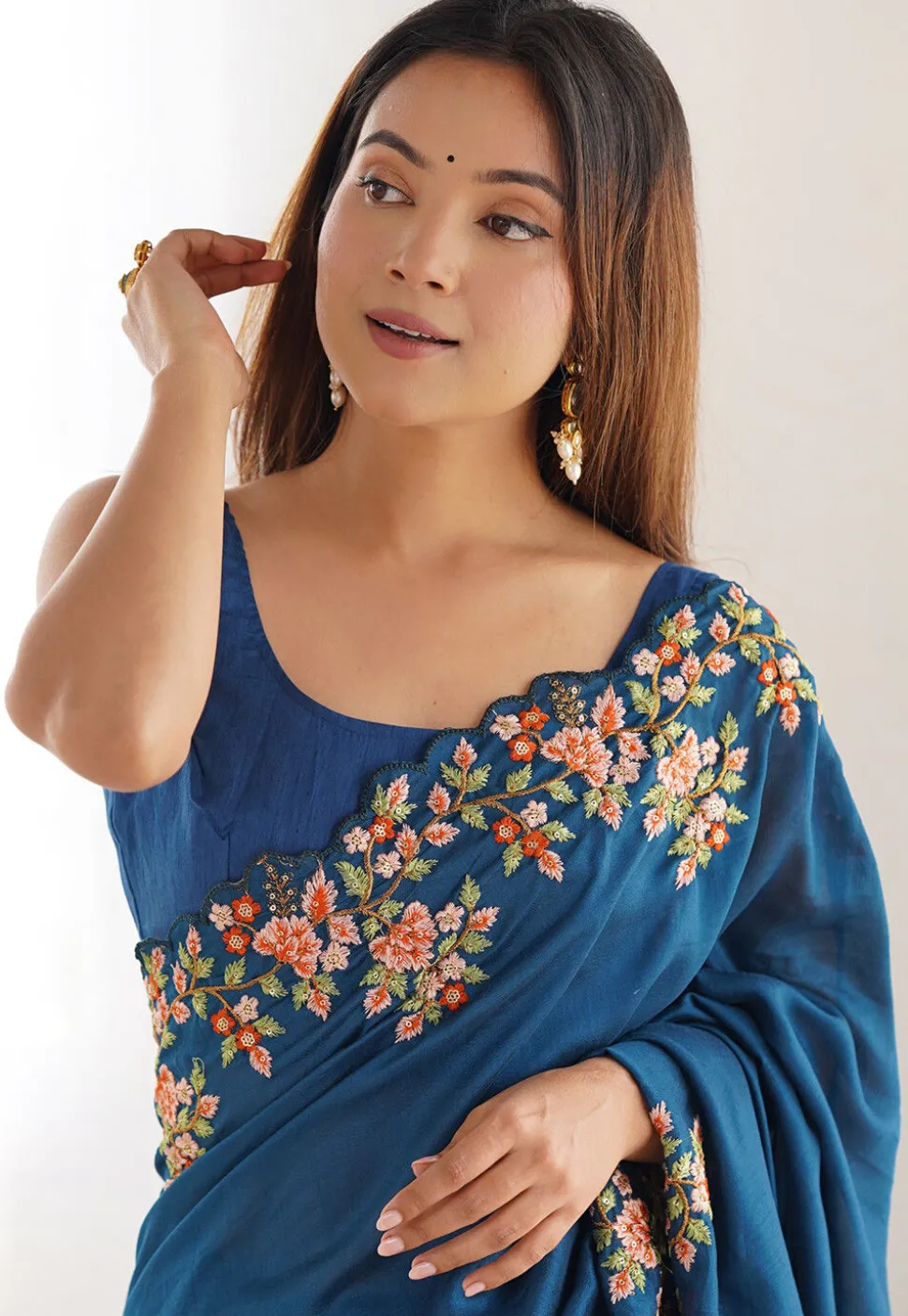 Embroidered Border Art Silk Saree in Teal Blue