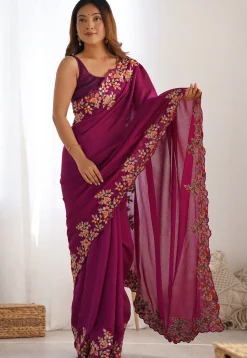 Embroidered Border Art Silk Saree in Purple