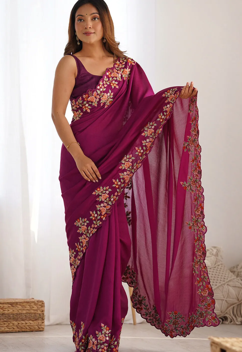 Embroidered Border Art Silk Saree in Purple