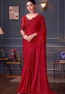 Embroidered Border Art Silk Saree in Red
