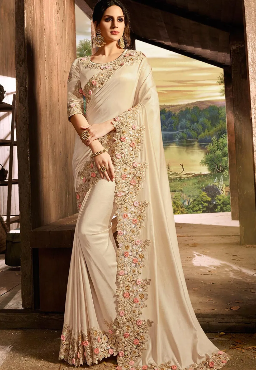 Embroidered Border Art Silk Saree in Light Beige