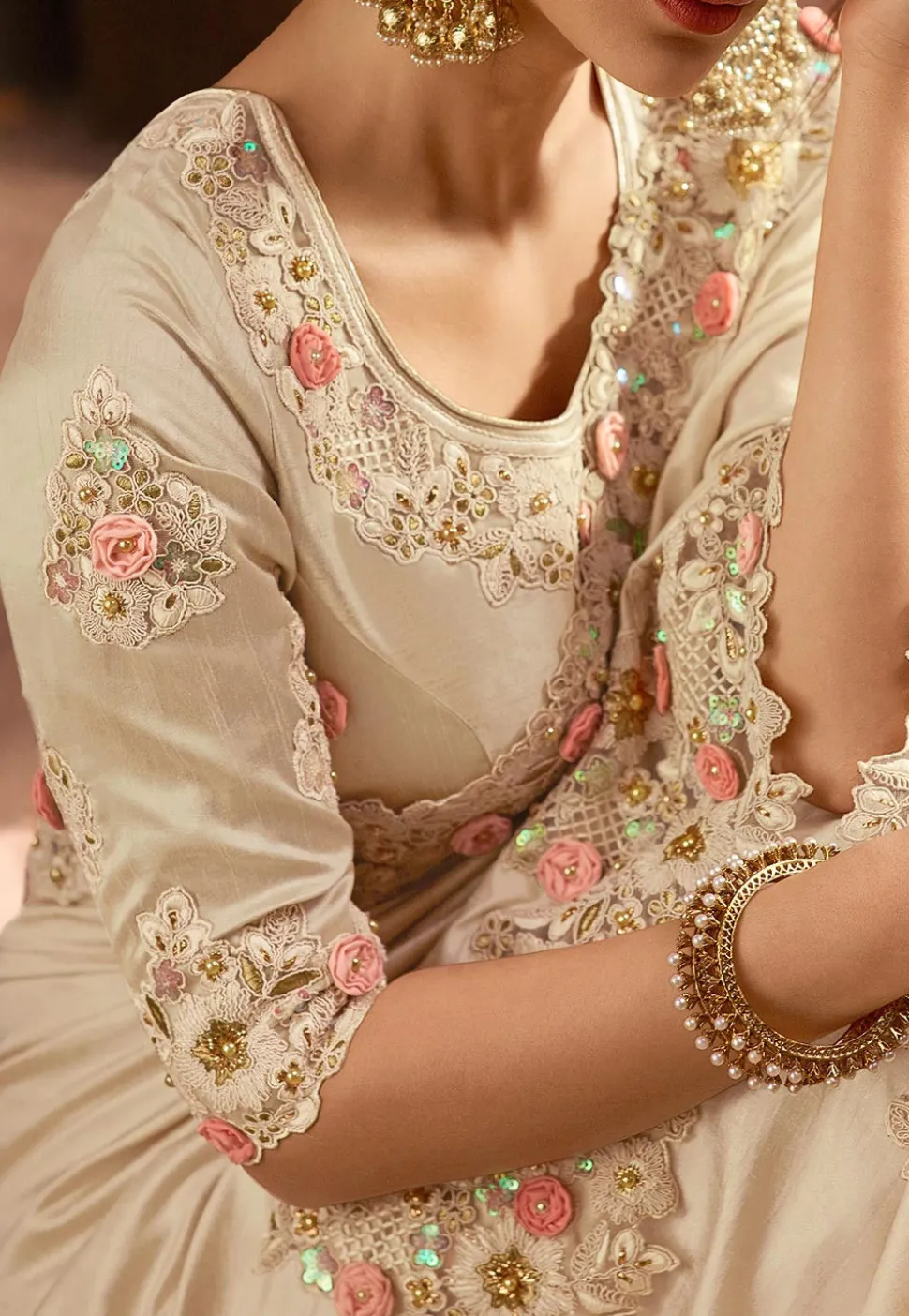 Embroidered Border Art Silk Saree in Light Beige
