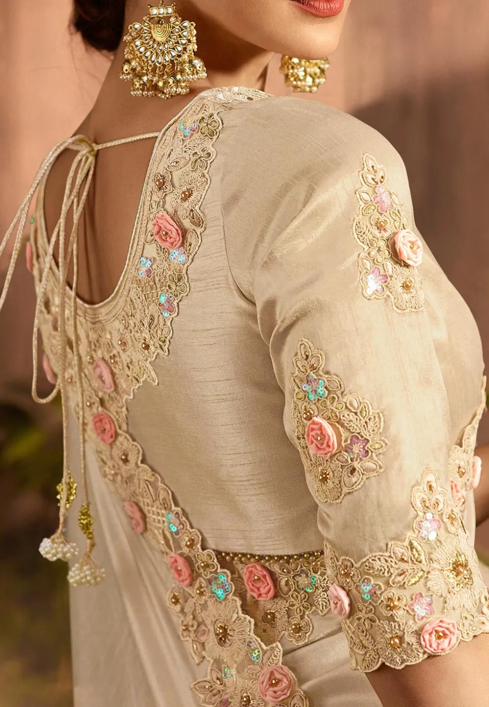 Embroidered Border Art Silk Saree in Light Beige