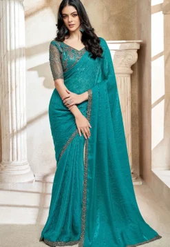 Embroidered Border Art Silk Jacquard Saree in Blue