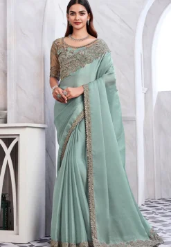 Embroidered Border Chiffon Shimmer Saree in Sea Green