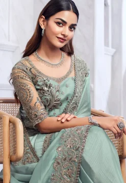 Embroidered Border Chiffon Shimmer Saree in Sea Green