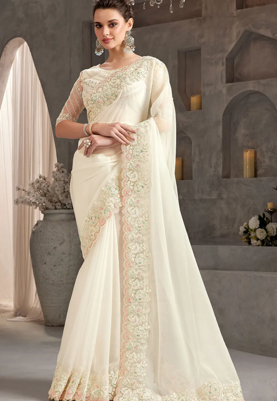 Embroidered Border Chiffon Scalloped Saree in Off White