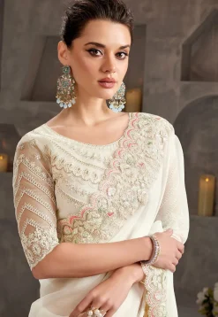 Embroidered Border Chiffon Scalloped Saree in Off White