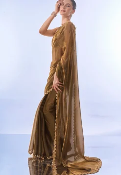 Embroidered Border Chiffon Shimmer Saree in Fawn