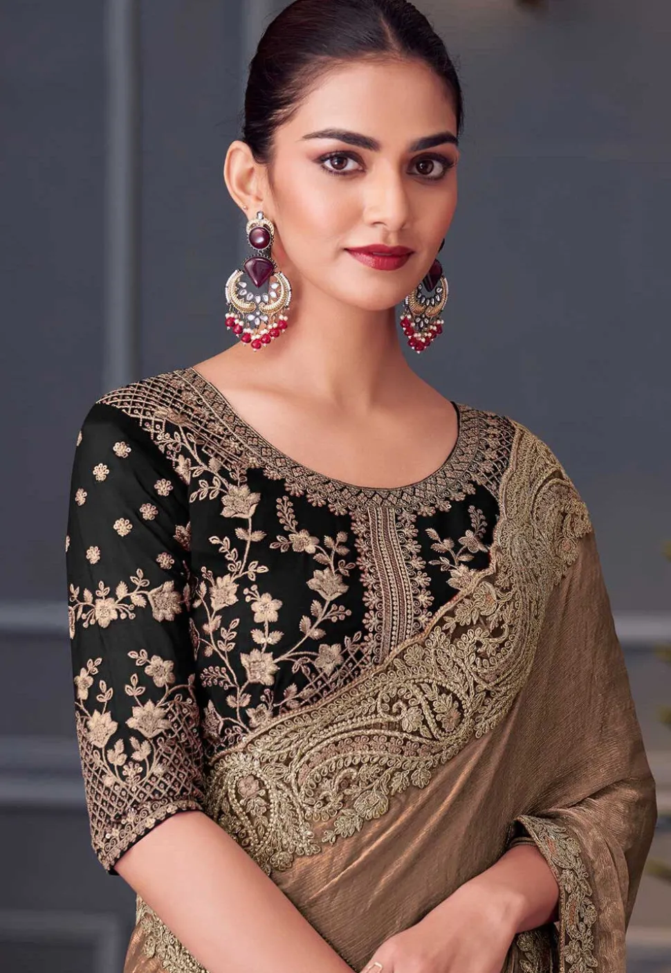 Embroidered Border Chiffon Scalloped Saree in Beige