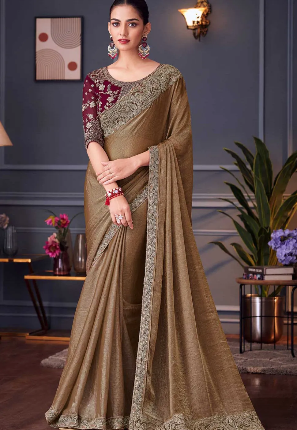 Embroidered Border Chiffon Scalloped Saree in Fawn