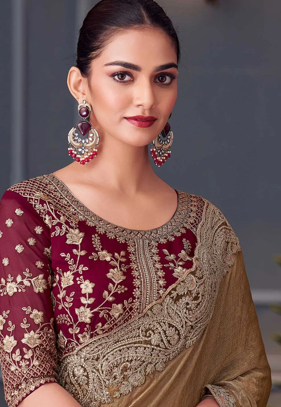 Embroidered Border Chiffon Scalloped Saree in Fawn