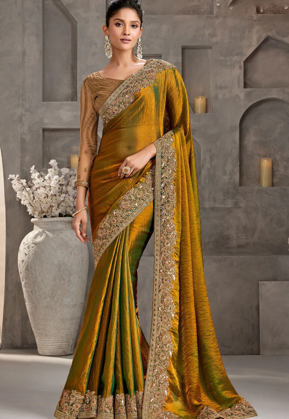 Embroidered Border Chiffon Scalloped Saree in Yellow and Green