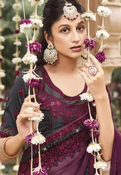 Embroidered Border Chiffon Shimmer Saree in Wine