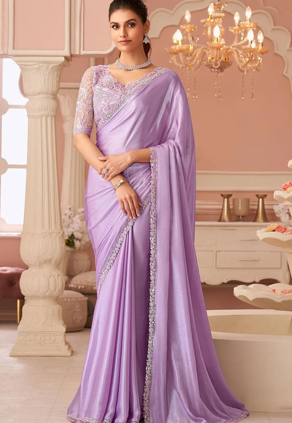 Embroidered Border Chiffon Saree in Light Purple
