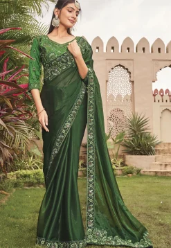 Embroidered Border Chiffon Shimmer Saree in Dark Green
