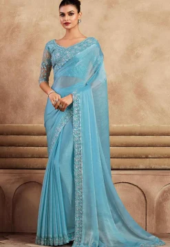 Embroidered Border Chiffon Silk Saree in Blue