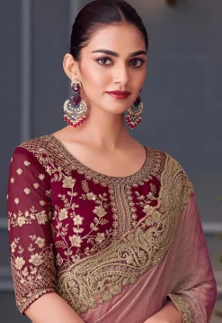 Embroidered Border Chiffon Scalloped Saree in Pink