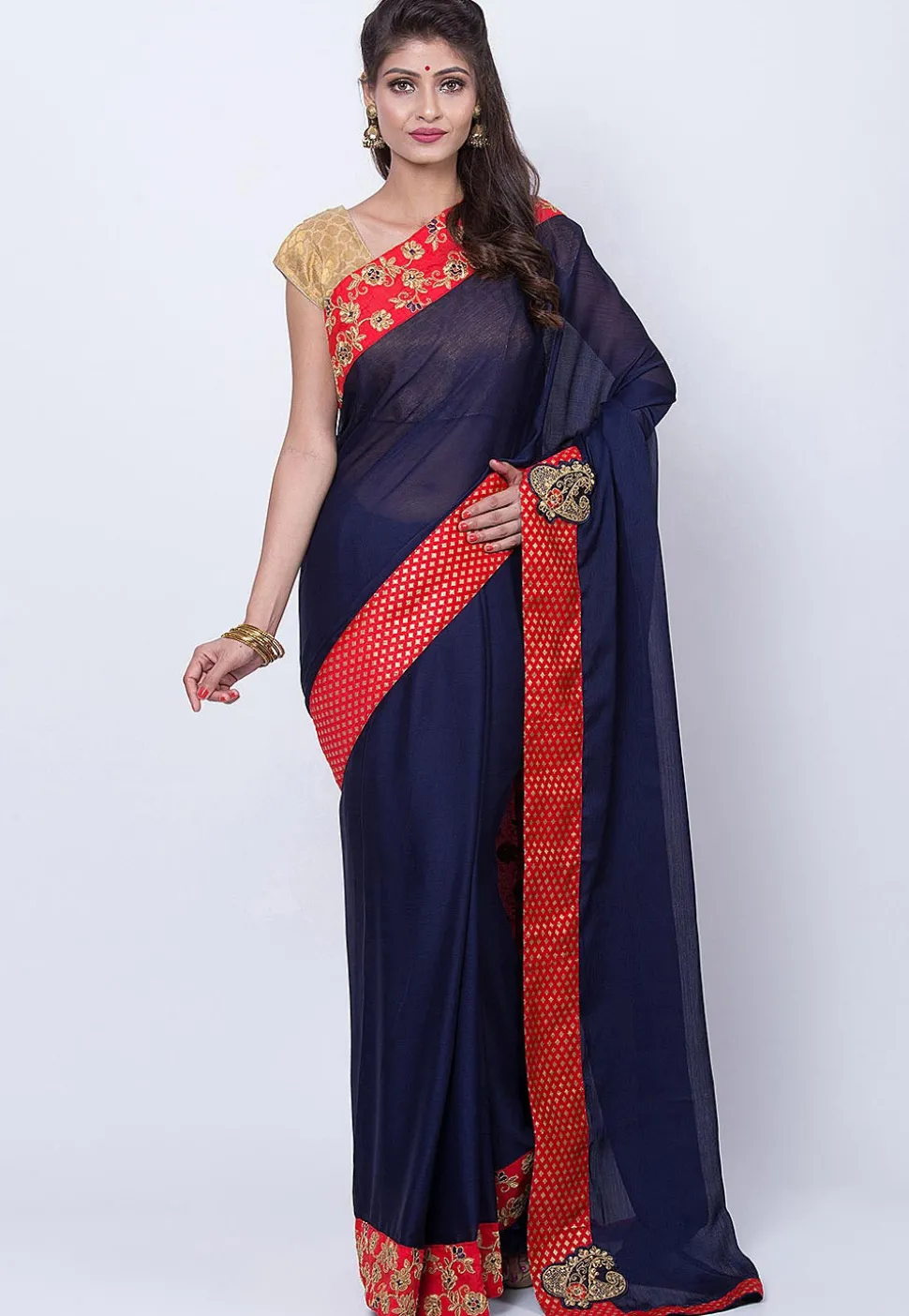 Embroidered Border Chiffon Saree in Navy Blue